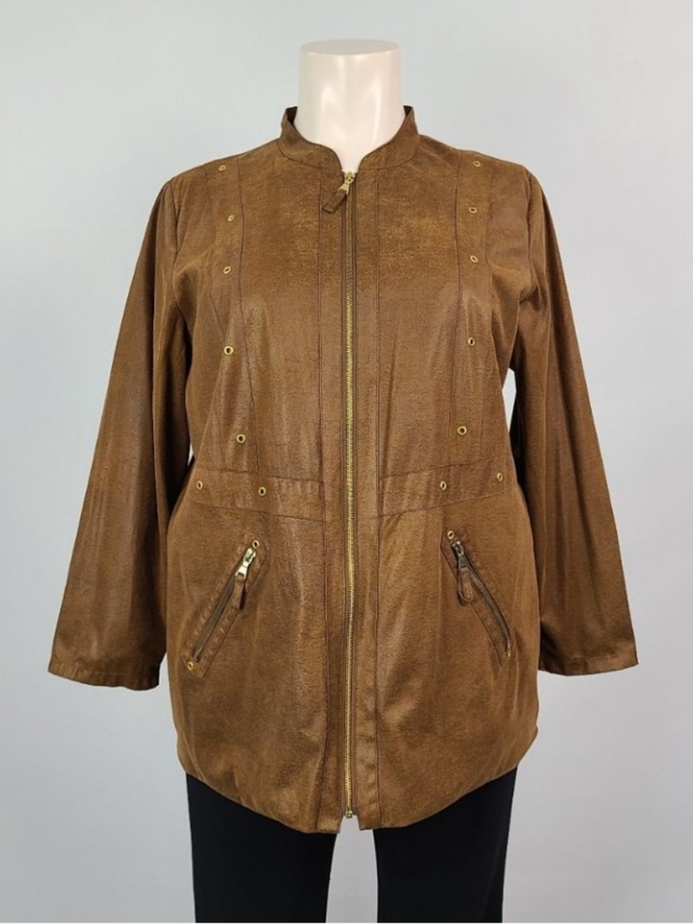PENNINGTONS Distressed Brown Faux Suede Women's Zip Lightweight Jacket! Plus 2X
